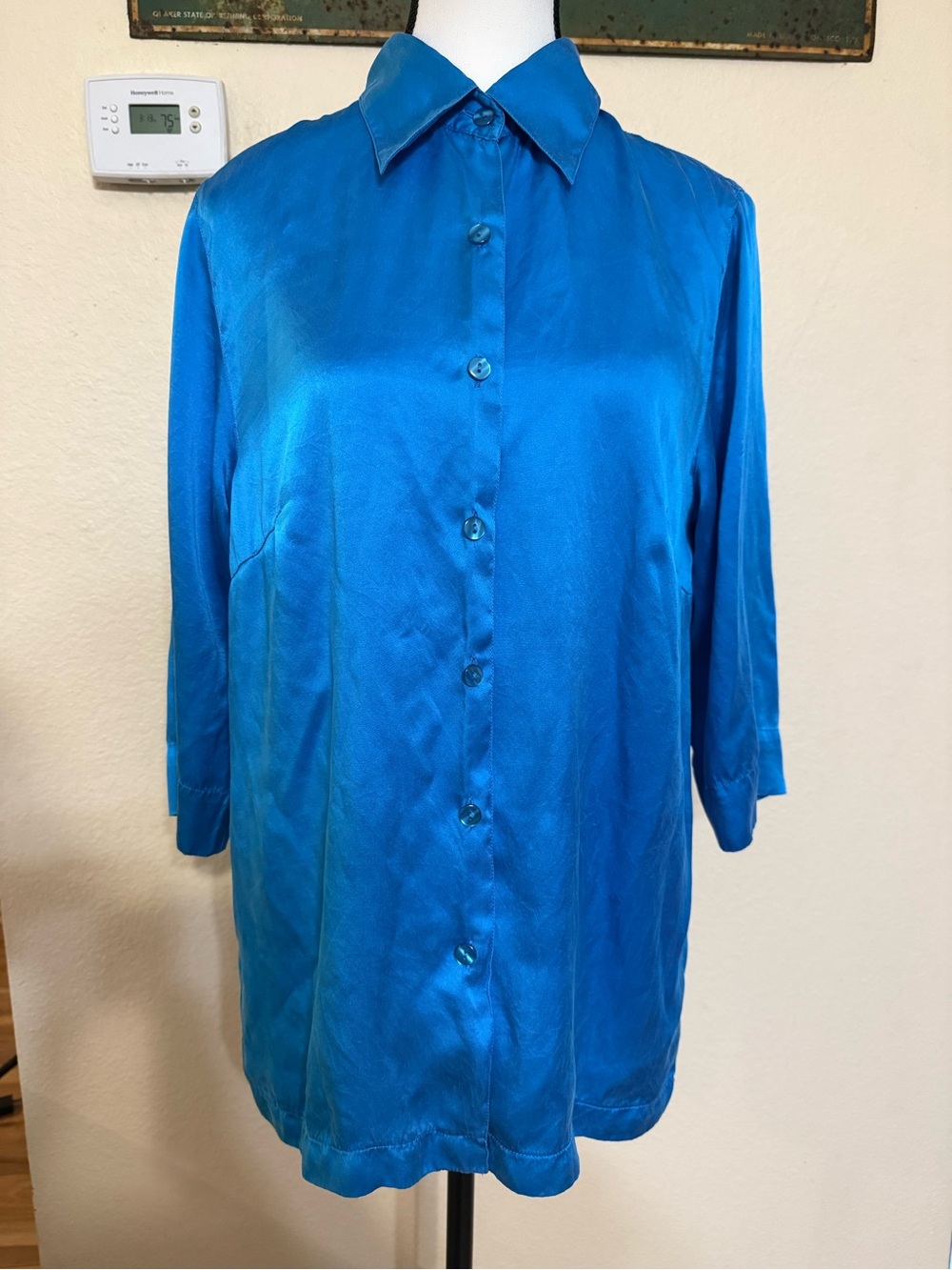 Vtg Karen Arnold Blouse Size M 100% Silk Blue Turquoise Button Up Tunic Top